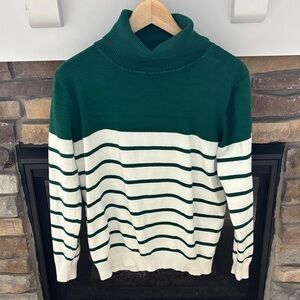Elegant Green and White Striped Women's Turtleneck Sweater